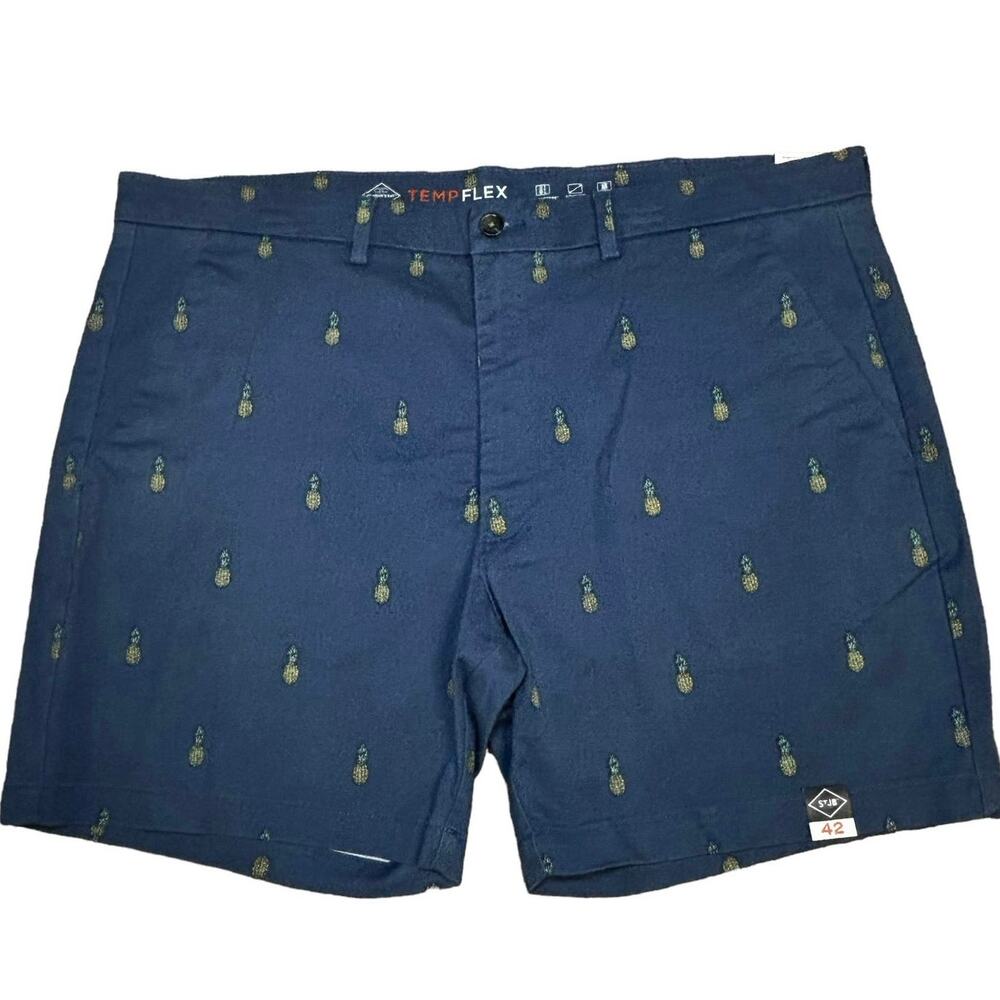 St. John's Bay Navy Pineapple Print Flat Front Shorts Stretch 7” Inseam Size 42